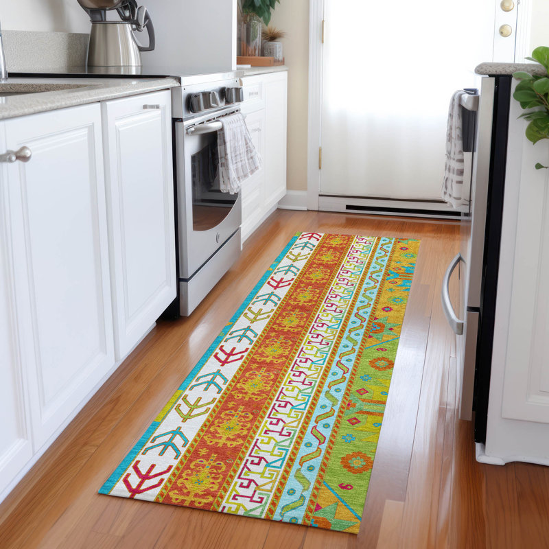 Solara Teal Washable Indoor-Outdoor Rug - , 2'3" x 7'6"
