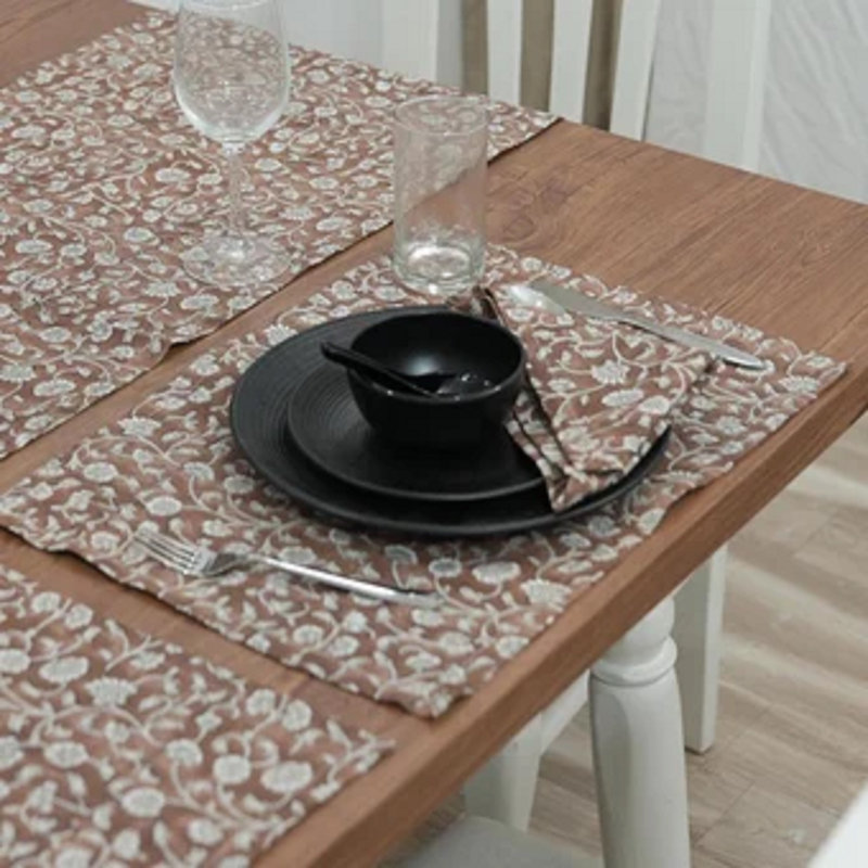 Fabdivine 18X18 Inch Hand Block Floral Print Table Napkin Himachal, Brown {Set of 8}