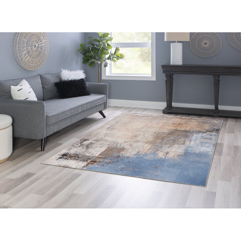 Tapis beige et bleu tissé à la machine, Rectangle 5 pi x 7 pi