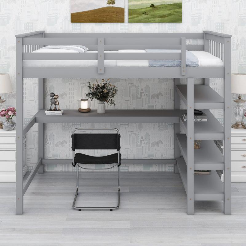 Loft Bed With Storage Shelves And Under-Bed Desk, Grey