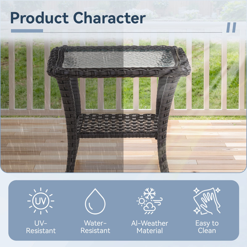 Valierius Durable Outdoor Side Table With UV-Resistant Wicker, And Tempered Glass - Ideal For Patios, Gardens, And Poolside Relaxation