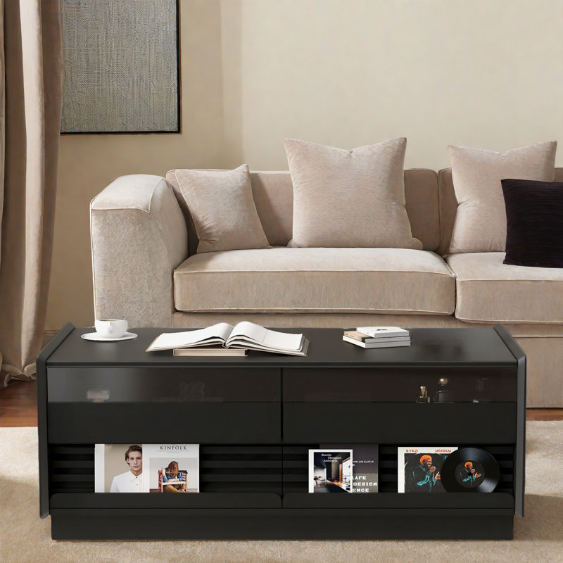Table basse moderne moderne avec 4 tiroirs et 2 tablettes, Noir