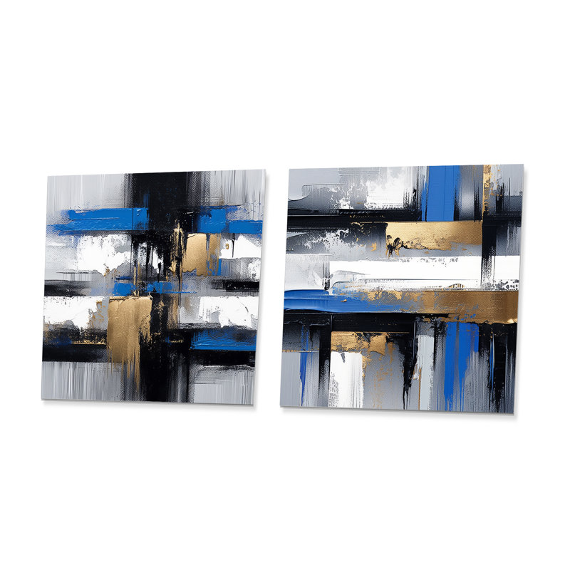 Or et bleu, peinture élégante I - collages abstraits, impressions murales en métal, ensemble carré de 2, H 16 po x l 32 po