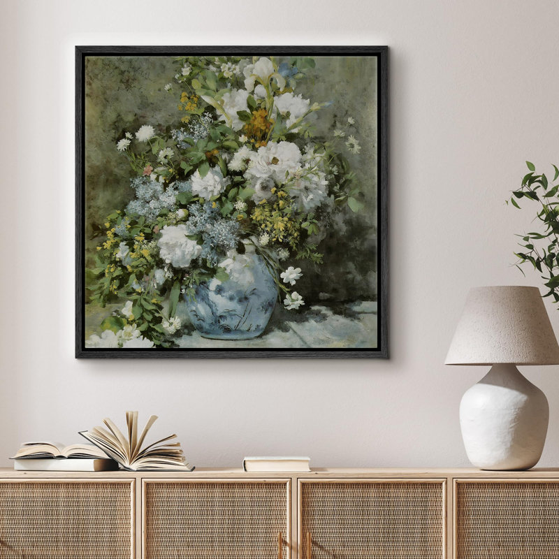 Élégant vase floral blanc avec fleurs et cadre classique, Toile noire, H 16 po x l 16 po