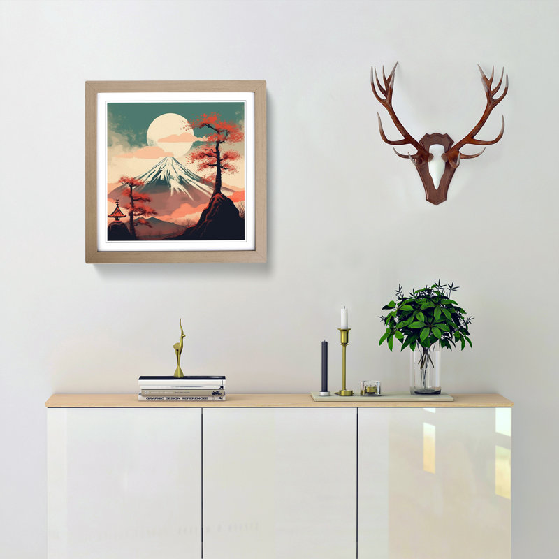 Japanese Mountains - Single Picture Frame Print on Wood, Oak