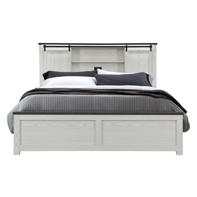 Structure de lit très grand beige avec tête de lit bibliothèque et barre noire, profil bas, fabrication en bois d'hévéa pour la chambre à coucher, style transitionnel, bois massif + bourre, 91,94 po de profondeur, 78,12 de largeur, 55,28 po