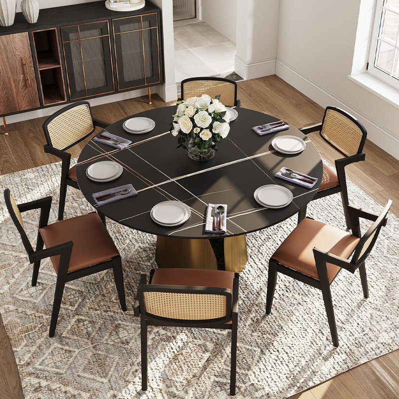 59" Vera Modern Round Dining Table, Sintered Stone Tabletop With Carbon Steel Pedestal Base for Kitchen, Matte Black, Bronze