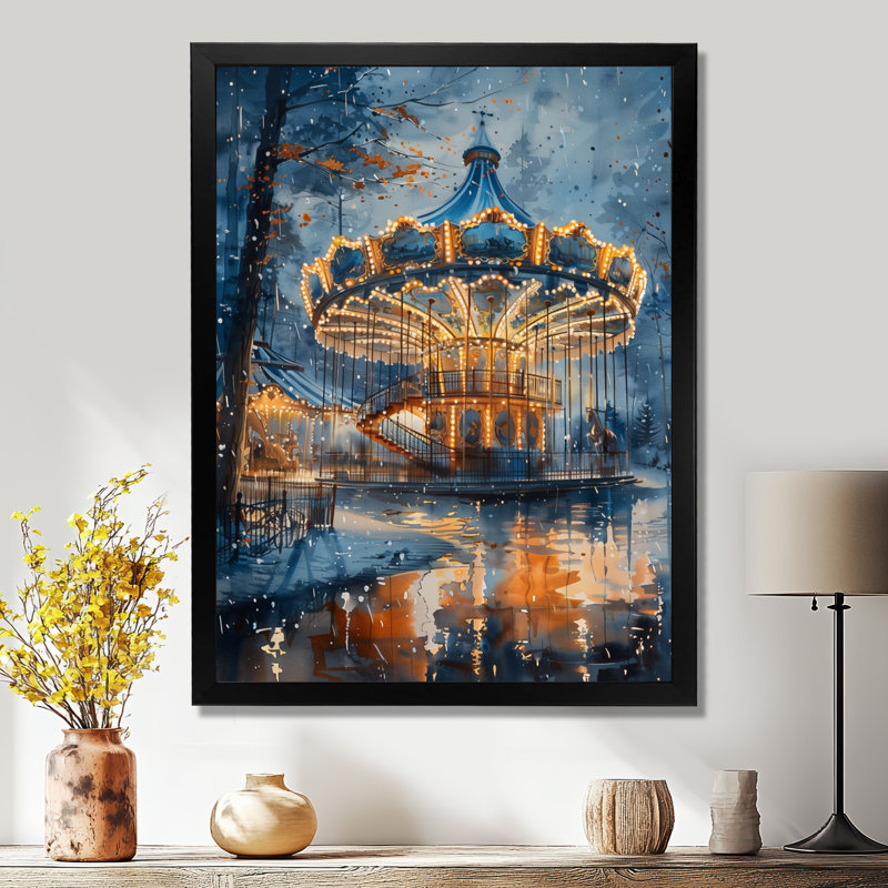 Carrousel cheval jaune et jaune, H 20 po x l 12 po x P 1 po, Toile encadrée noire simple