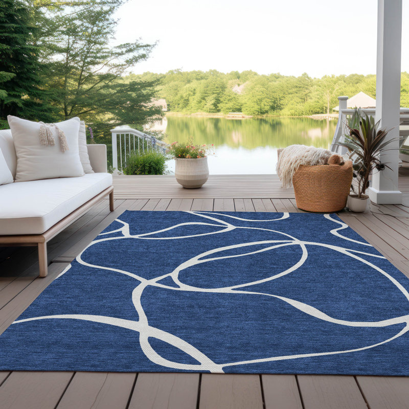 Navy and White Synthetic Flat Woven Washable Rug