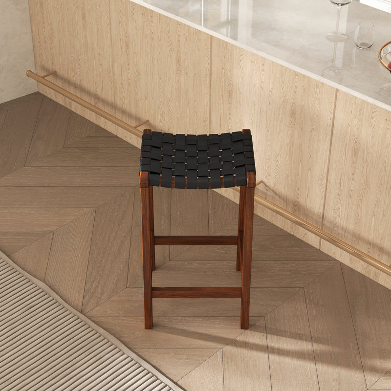 James Mid-Century Modern Genuine Black Leather 24.5" Counter Stool, Counter Stool (23.6” Seat Height), Black