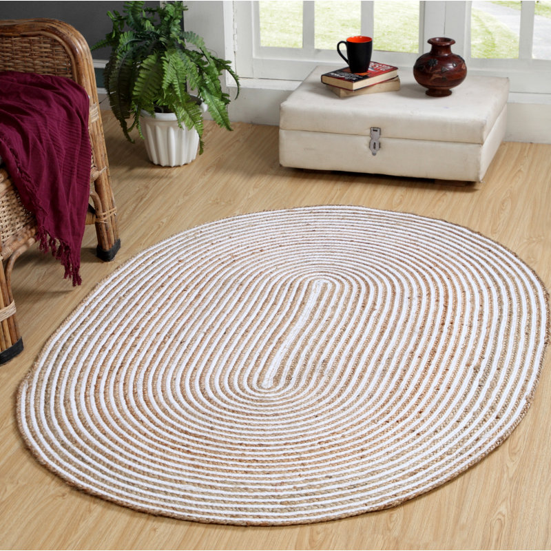 Oval Ursa Striped Jute / Sisal Hand Woven Area Rug, Oval 75 x 120cm