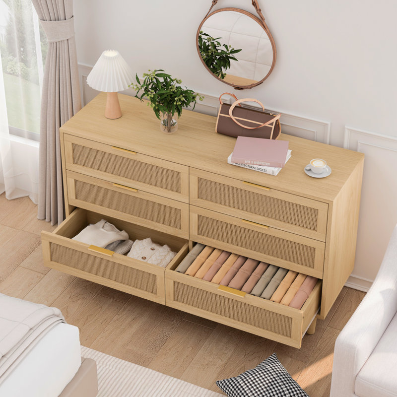 Ayanna 6 Drawer Rattan Storage Dresser, Natural 1, Gold, 29.72" H x 59.06" W x 15.75" D