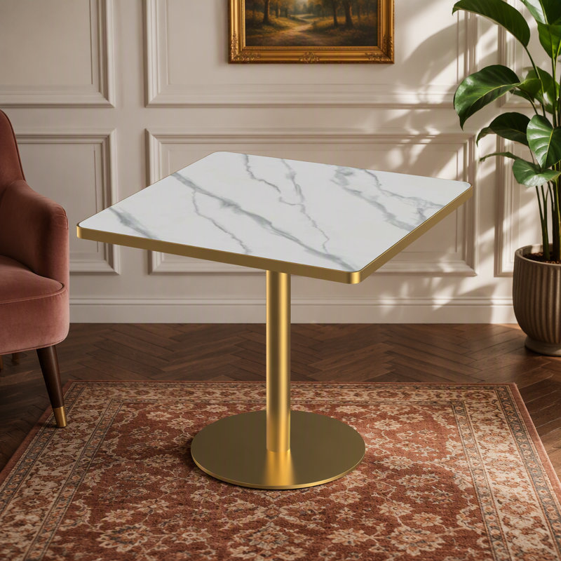 Table de salle à manger carrée moderne 31,5 po Tulip, 32.68" H x 31.5" W x 31.5" D, White/Silver/Gold, Métal métal