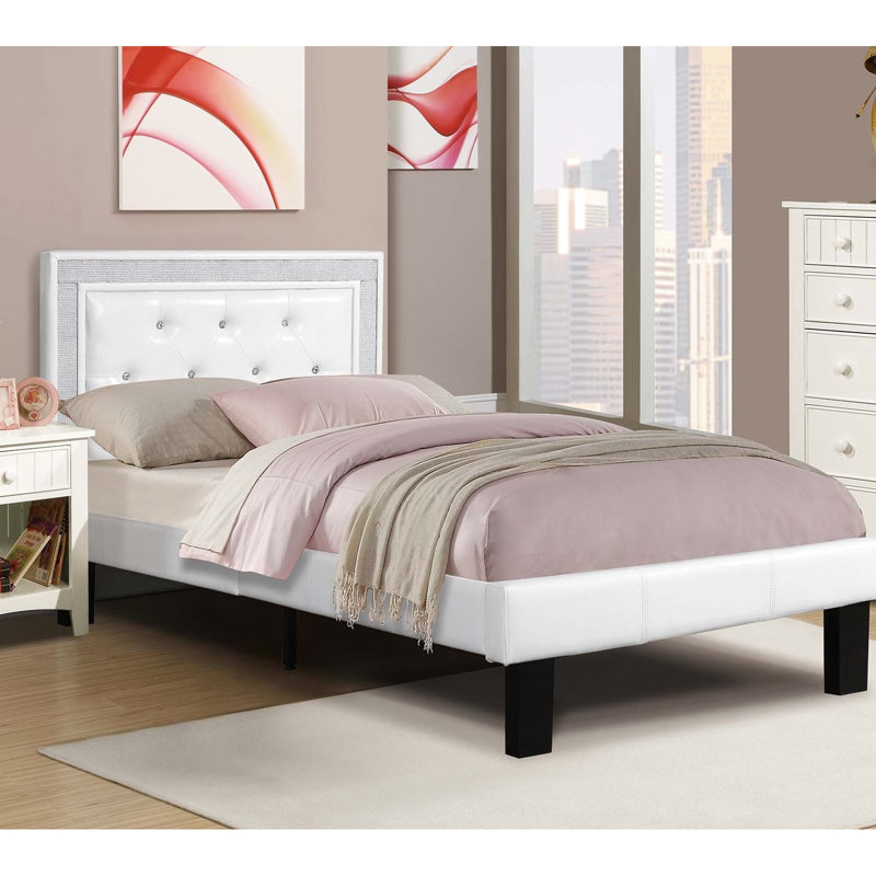 Structure pour lit simple Style avec similicuir blanc, tête de lit à losanges, pieds de soutien centraux, structure en cuir pour chambre à coucher style, système à 12 lattes,