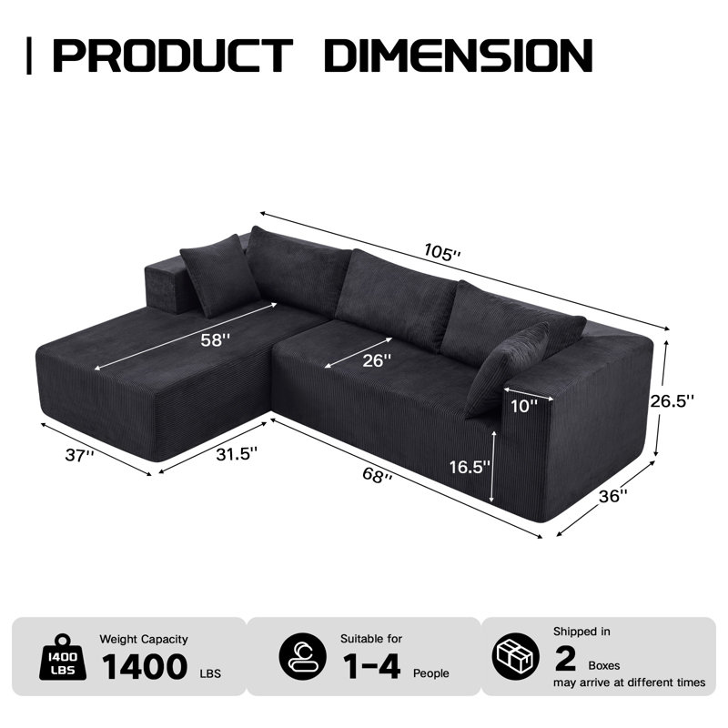 Boneless Sofa, 105" Corduroy Sectional with Deep Seat, 3-Seater Boneless Couch, No Assembly Required