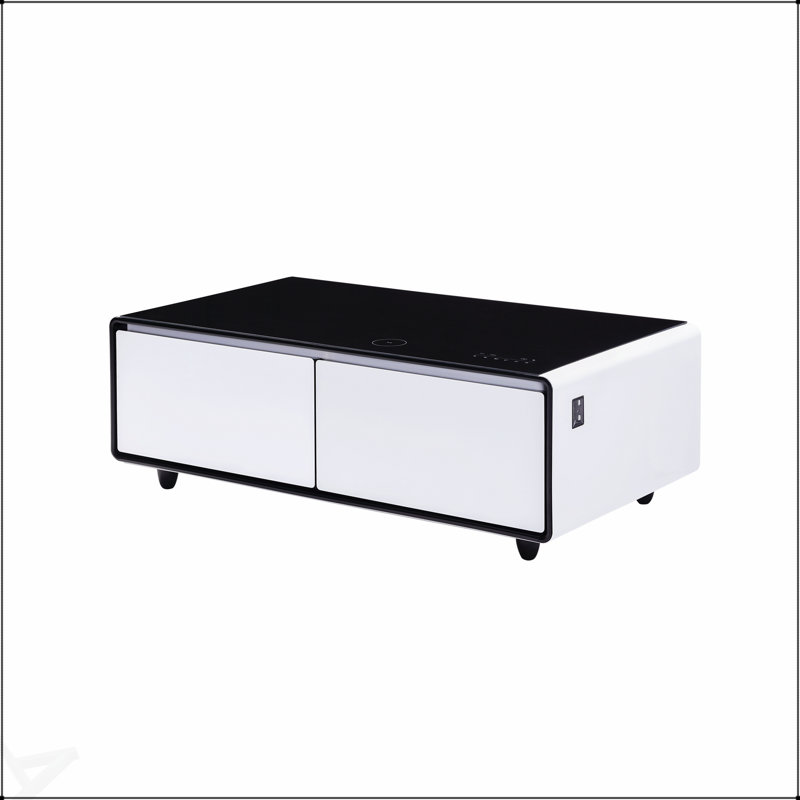 Table basse moderne et intelligente avec réfrigérateur intégré, haut-parleurs Bluetooth, chargement sans fil et lumières RVB pour une commodité ultime