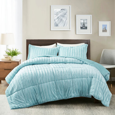 Édredon en fausse fourrure pour lit double / grand lit - bleu sarcelle, élégant, 2 coussins bleus pour lit double / grand lit, taies décoratives élégantes