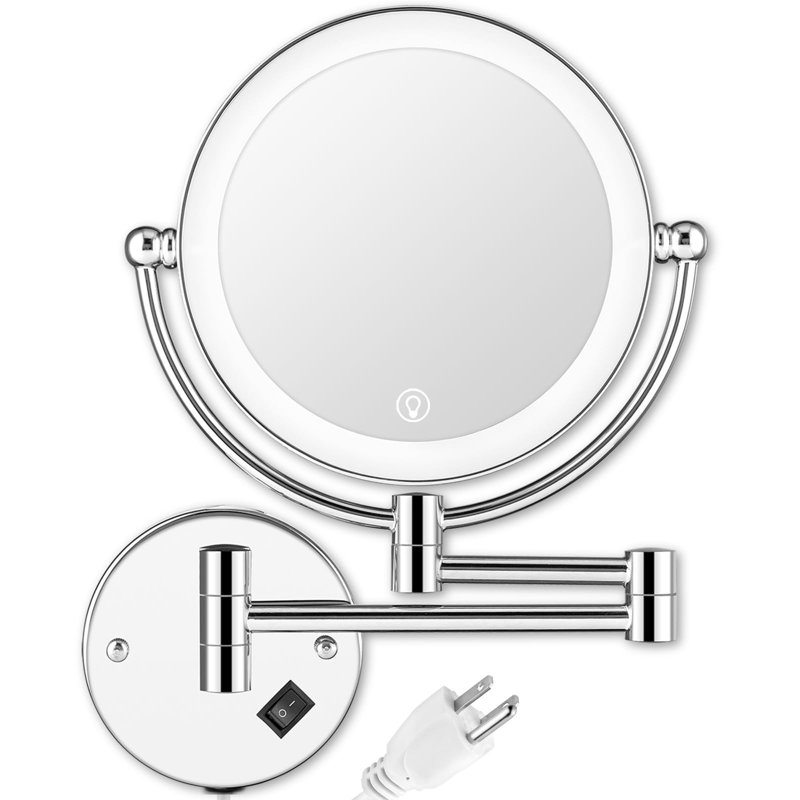 Wall Mounted Lighted Makeup Mirror With Magnification, 8-Inch 1X/10X Wall Mount Magnifying Mirror For Bathroom, Touch Dimmable, 360 Degree Swivel, 2-Sided, Extendable Arm