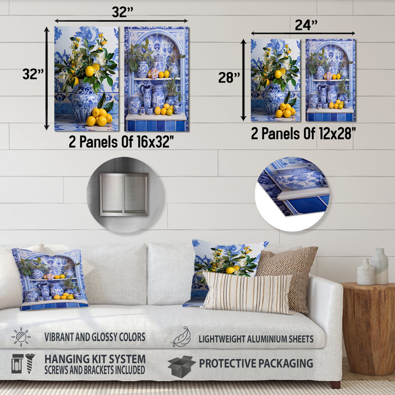 «Greek Tiles Still Life Kitchen II - Boho Pottery», ensemble de 2 reproductions d'art en métal, H 28 po x l 24 po