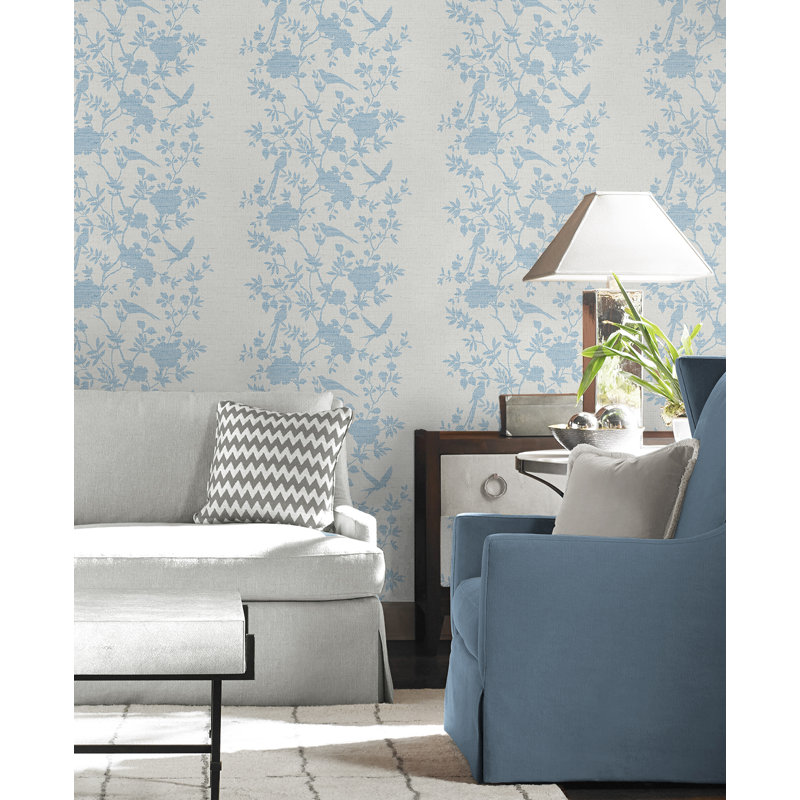 Floral Grass Cloth Wallpaper Roll, Maya Blue