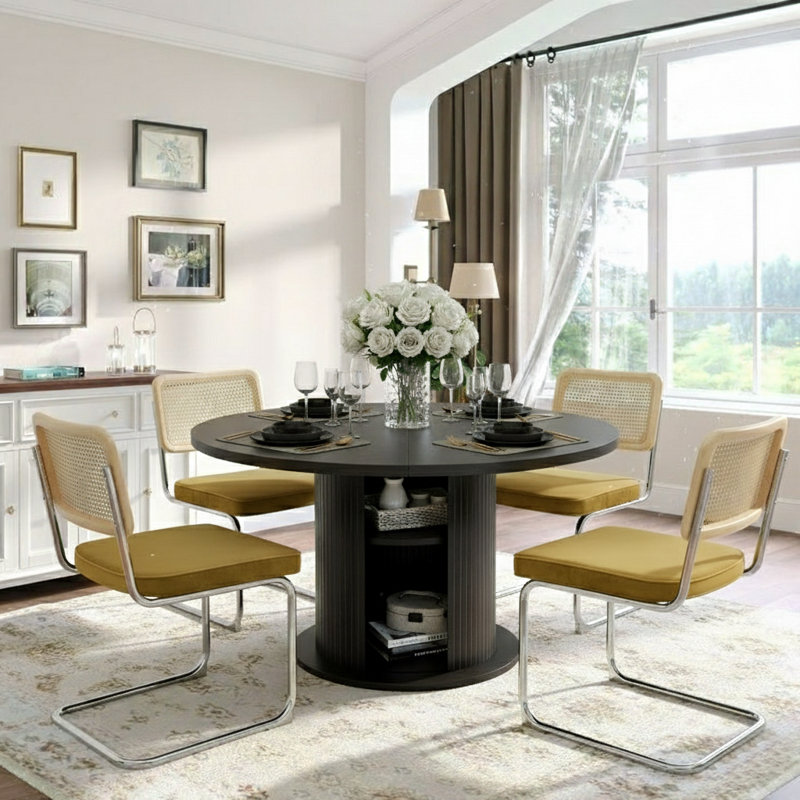 5-piece Round Pedestal Dining Set With Cane Back Cantilever Chairs, Yellow