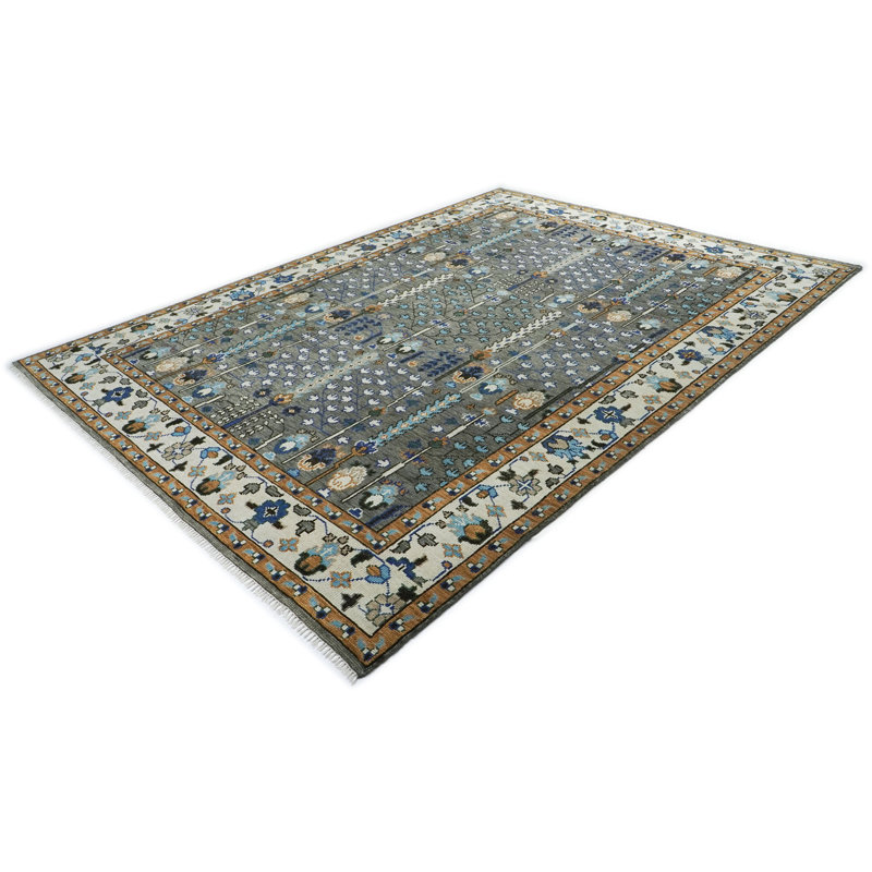 Tapis transitionnel gris en laine noué à la main 10 pi 3 po x 14 po Oushak