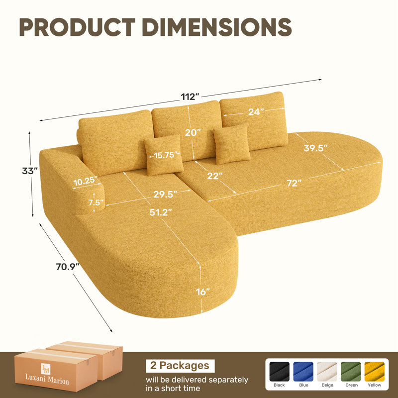 3 Seater Fabric Corner Sectional, Yellow