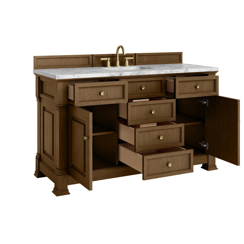 Brookfield Single Vanity, Honey Oak, Carrara White, Widespread