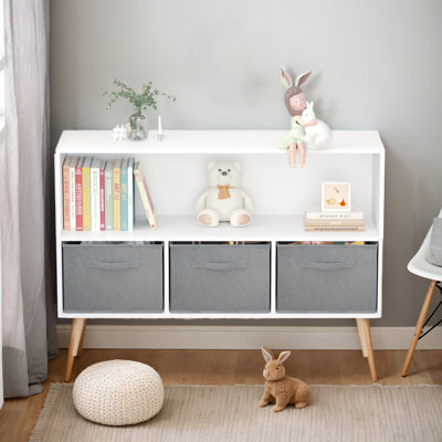 Children's Multi-Purpose Bookshelf With Collapsible Fabric Bins