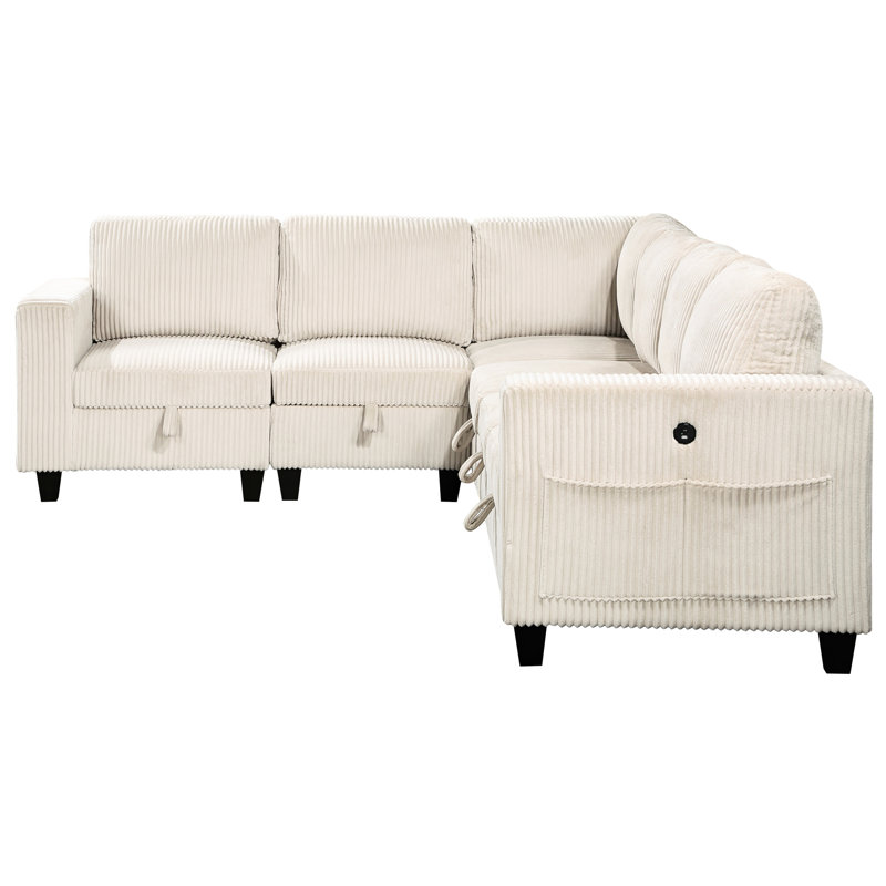 Living Room 6 Sectional With Side Pockets, Beige Corduroy & Charging Sectional, Pockets Detachable Back Cushions