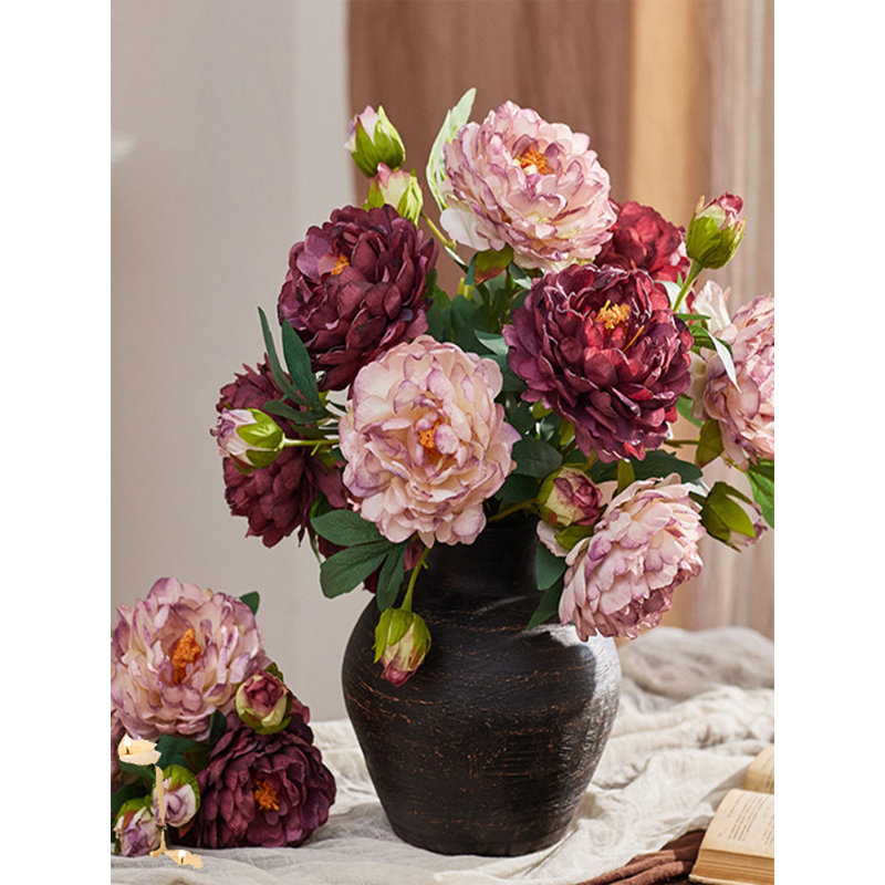 Bouquet de pivoines artificielles en plastique souple de luxe classique, Magenta / rose