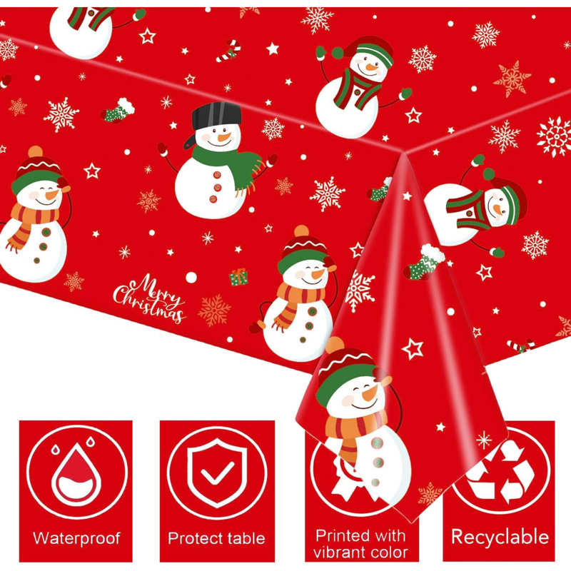 2PCS Christmas Tablecloth,137*274cm Large Red Snowman Xmas Party Table Cover,Disposable Rectangle Christmas Plastic Table Cloth for Christmas Party,Winter Holiday,Christmas Table Decorations