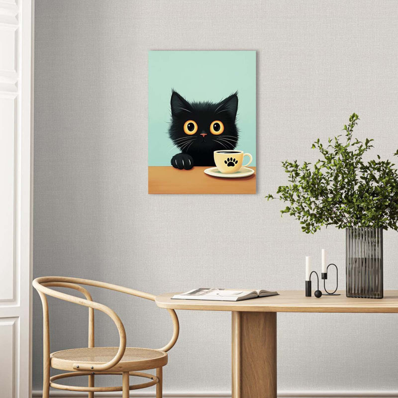 Cute Cat Drinks Coffee Canvas Art Print, Living Room, Bedroom Wall Decor, 60 cm H x 40 cm W