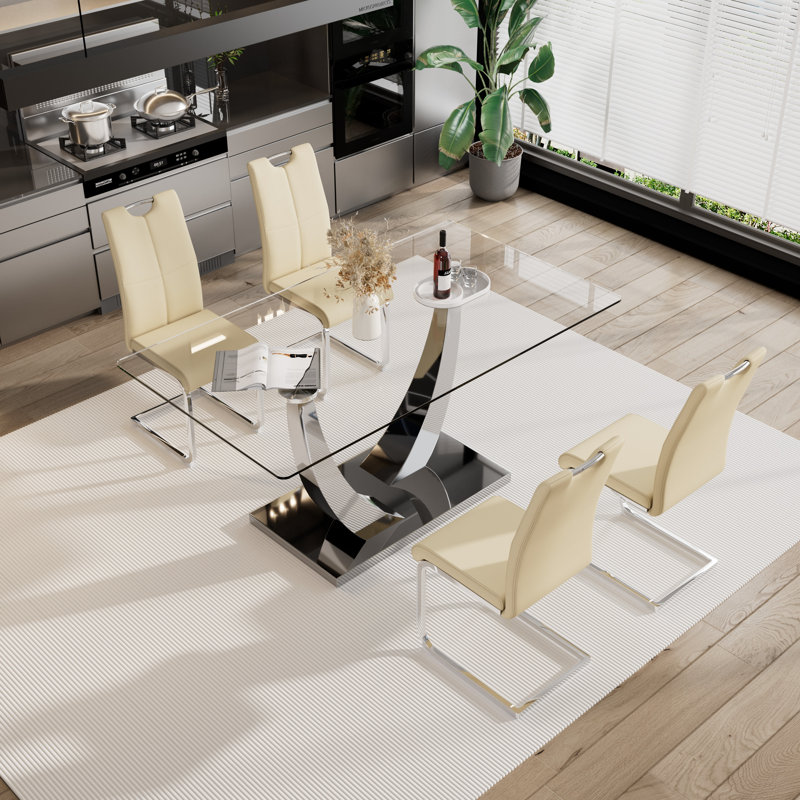 5 - Piece Rectangle Glass Pedestal Dining Set, Silver, Beige/Silver