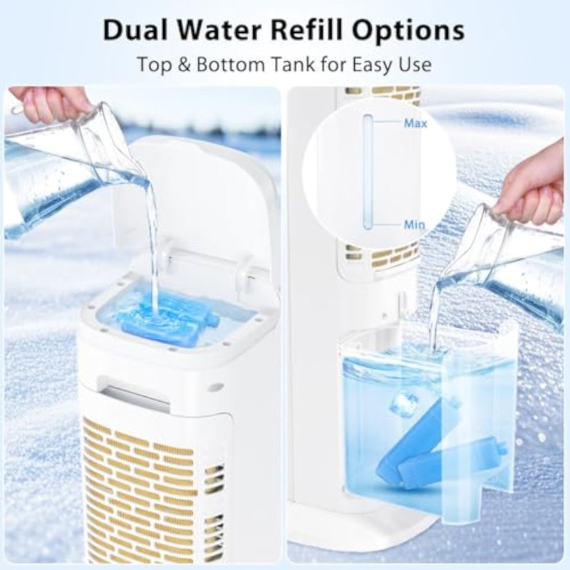 Refroidisseur d'air à évaporation électrique portable Ecotronic, ventilateur de tour avec télécommande, 3 vitesses et 3 modes, oscillation à 50 °, 4 blocs de glace, remplissage d'eau supérieur et inférieur pour le bureau de la chambre à coucher