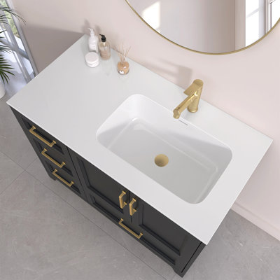 Dessus de meuble-lavabo à surface solide de 42 pouces avec lavabo intégré à droite, comptoir mince de 0,56 po d'épaisseur, design moderne blanc éclatant, léger et facile à installer