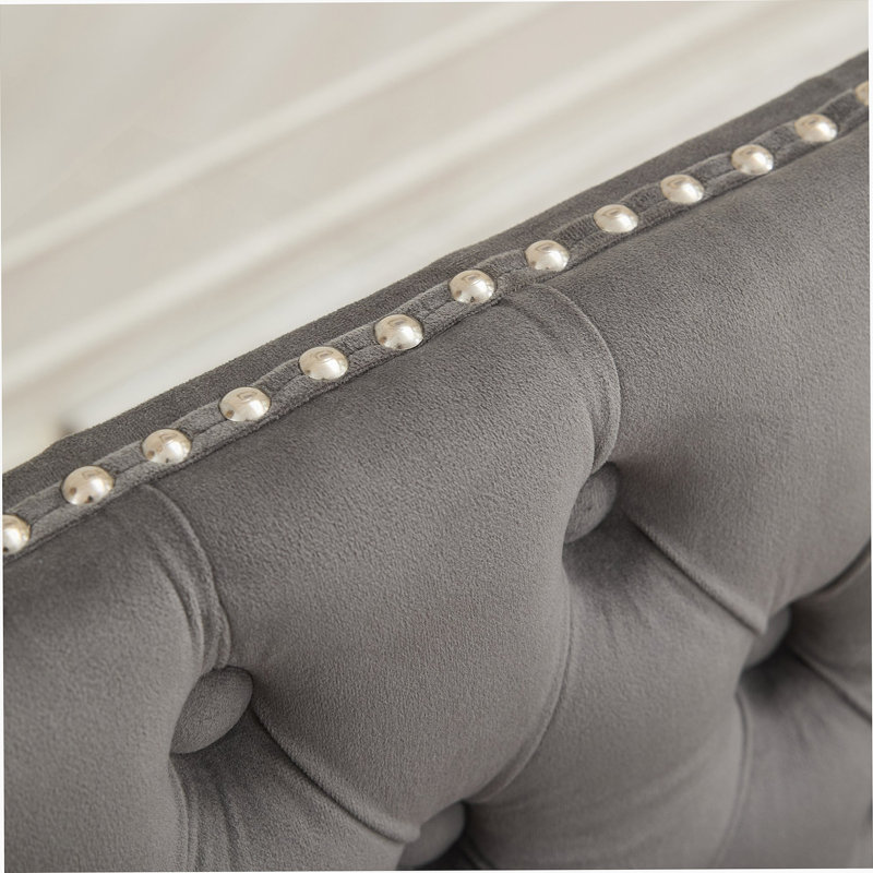 Velvet Double Dining Loveseat Bench, Kitchen & Dining Seating, 2-Seat Tufted Bench W/Handmade Buttons, Wing Back, Brushed Silver Stainless Steel Legs, Mid Century Modern,Single Pack,Gray