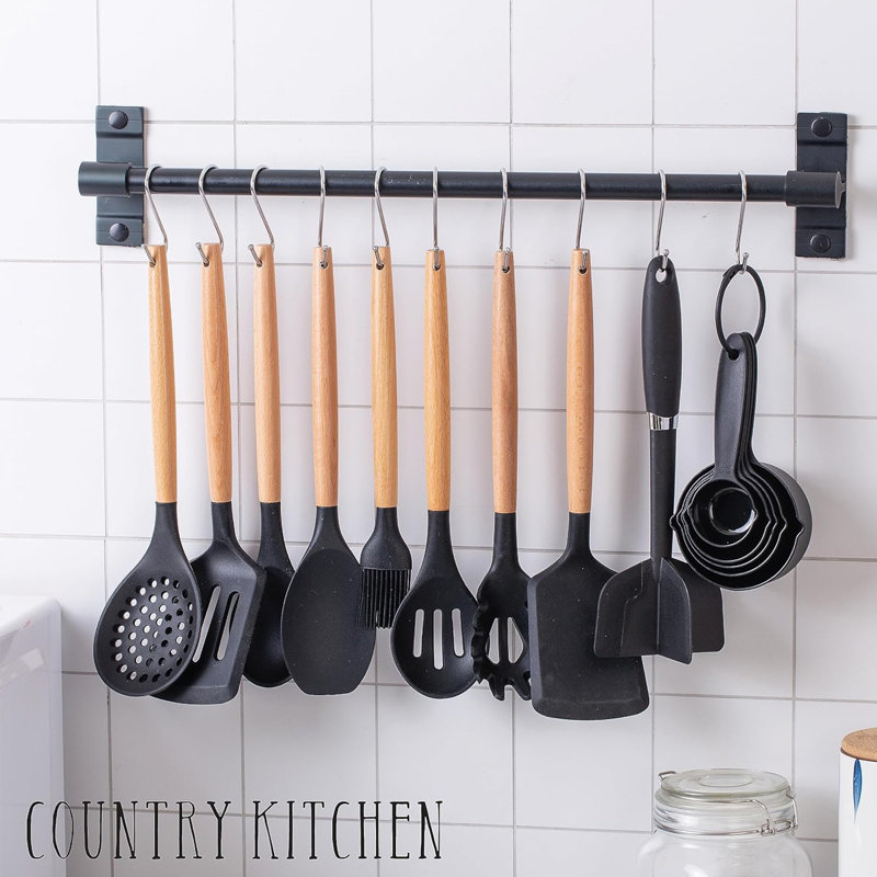 Ensemble 29 pièces d'ustensiles de cuisine en silicone, poignée en bois, antiadhésif, résistant à la chaleur, sans BPA
