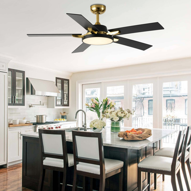 52 Inch Modern Gold Ceiling Fan With Light And Remote, Silent DC Motor 6 Speeds Chandelier Ceiling Fan For Bedroom, Black