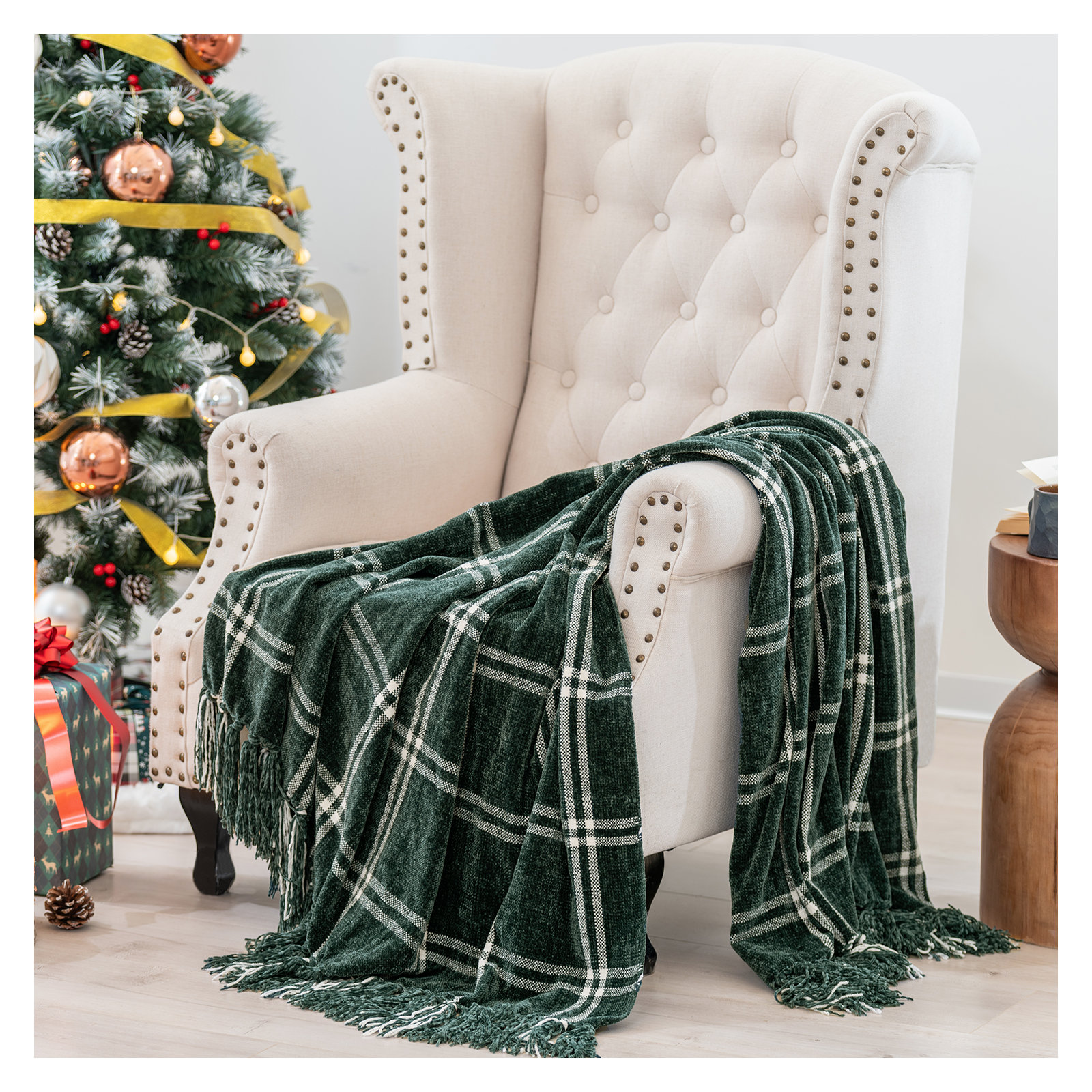 Soft Chenille Throw Blanket, Beige/White Plaid, 90" L x 90" W