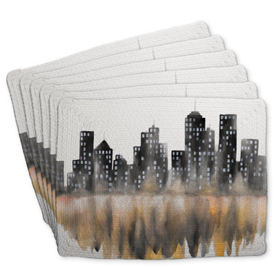 Yellow Watercolor Cityscape Braided Eiver Set of 6