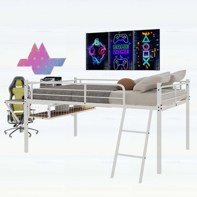 Lit mezzanine double en métal avec bureau intégré, bande lumineuse à DEL et rangement sous le lit, cadre blanc pour enfants / adolescents, aucun sommier nécessaire