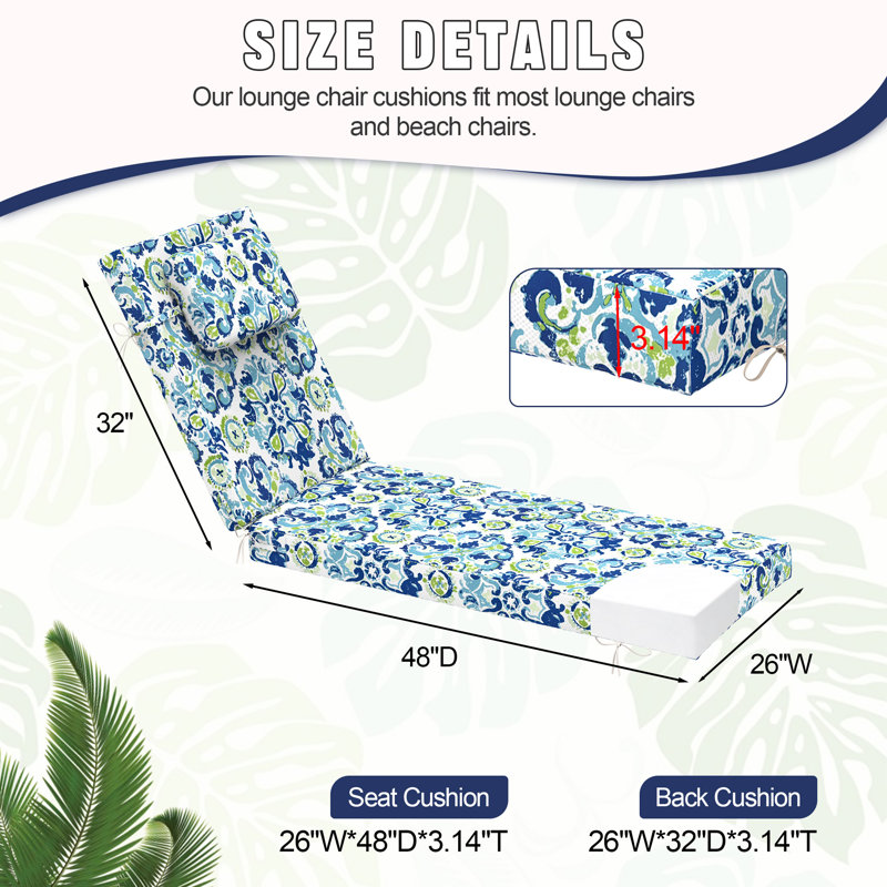 26" W Outdoor Chaise Lounge Cushions Set Of 2 For Pool, Beach, Patio Lounger Cushion With Foam Pillow,A16512, Brown