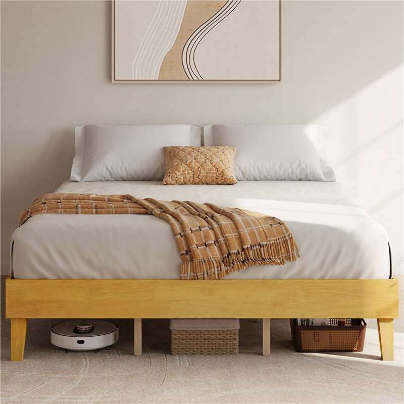 Multi-sized Wooden Platform Bed Frame with Sturdy Slat Support, Natural Wood, King