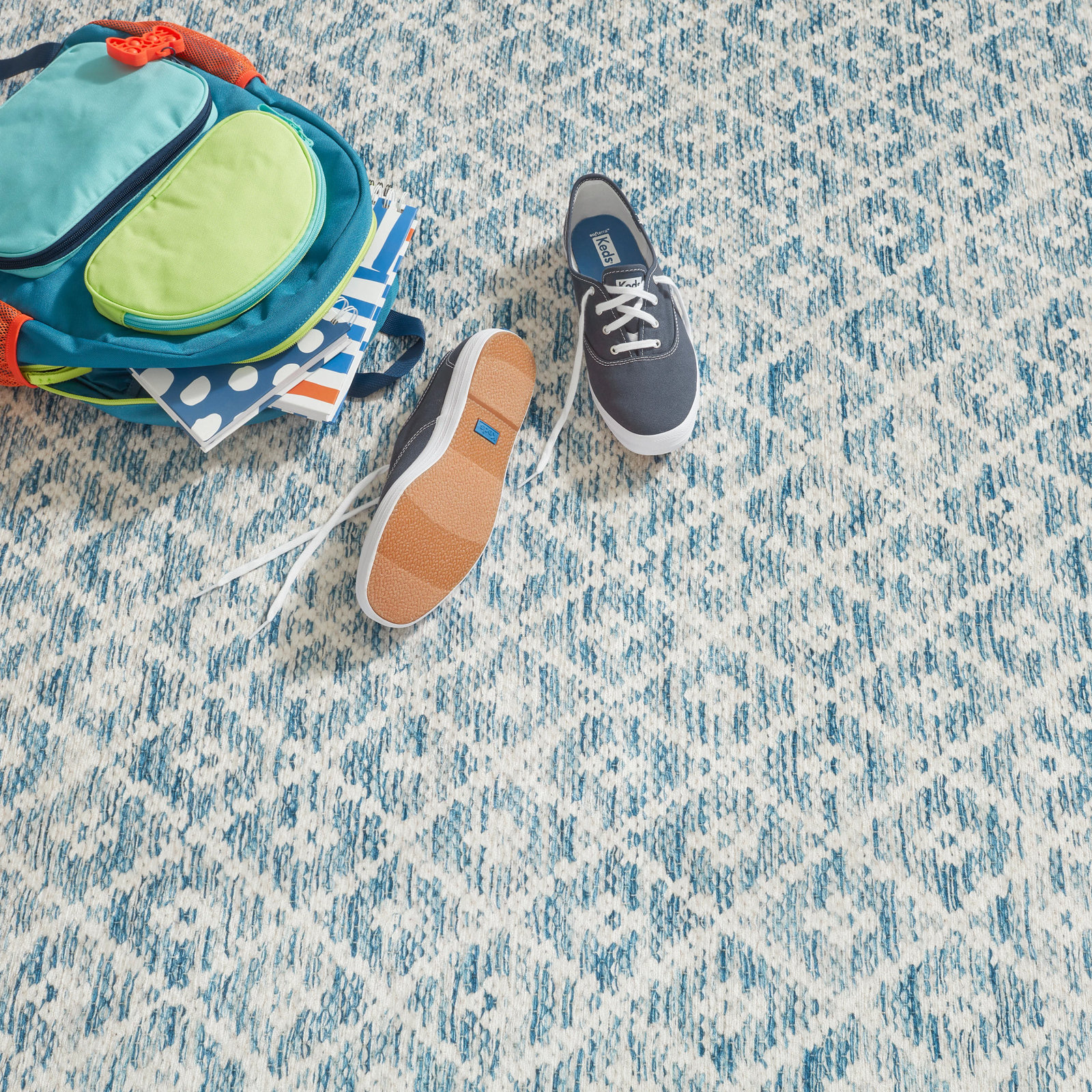 Melange Diamond Blue Machine Washable Geometric Rug, Rectangle 8'6" x 11'6"