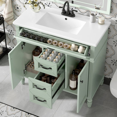 Meuble-lavabo durable avec lavabo en céramique intégré et portes à fermeture douce, pour les salles de bain de taille moyenne à grande.