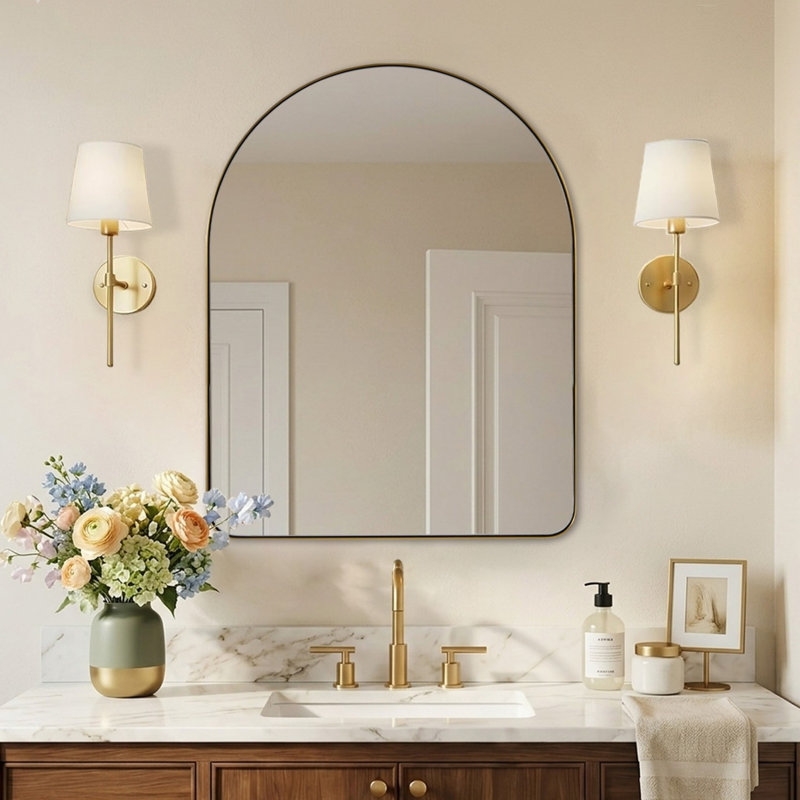 Hafsa Antique Arched Bathroom Vanity Mirror | Stainless Steel Frame, Brushed Gold, 36" x 28"
