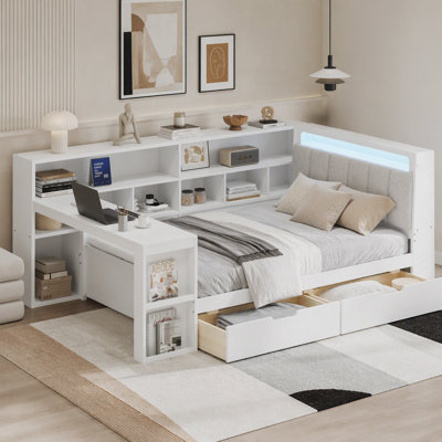 L-Shaped Wooden Daybed With Desk And Storage Bookcase, Corner Bed With Upholstered Headboard And Under-Bed Drawers And LED Light For For Bedroom Living Room