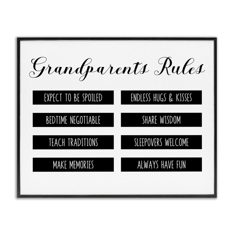 Giclée encadrée avec liste moderne Grandparent's Rules, design by CAD Designs, H 11 po x l 14 po, Giclée encadrée noir minuit