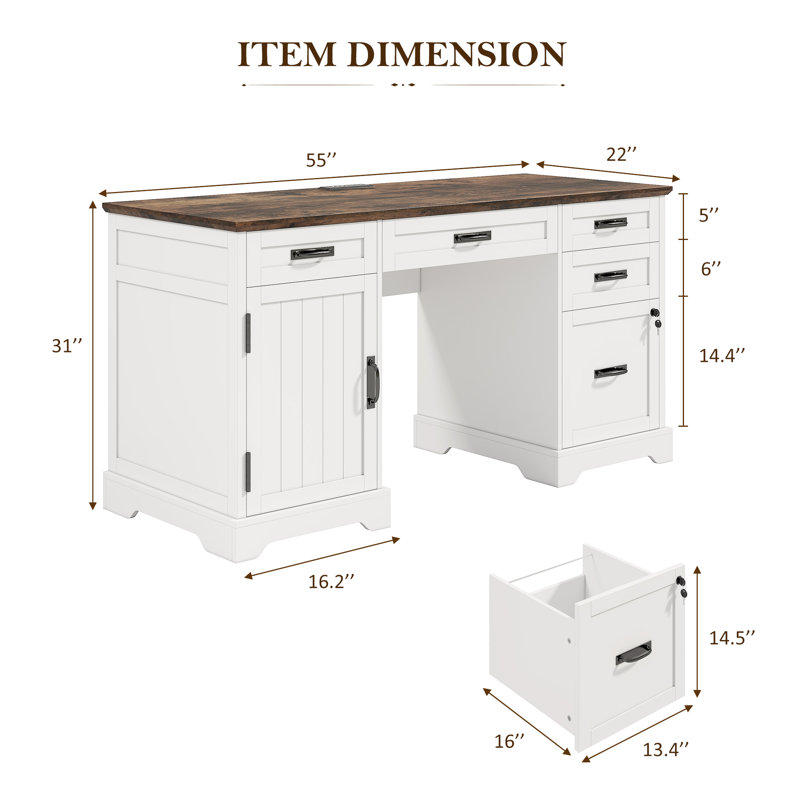 Clabe 55'' Farmhouse Executive Desk with Drawers, File Cabinet and Power Outlets, Rustic Brown/White